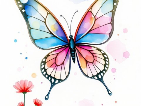 Colorful Watercolor Butterfly with Flowers