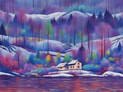 Colorful Winter Landscape with Snowy Cabin by the Lake