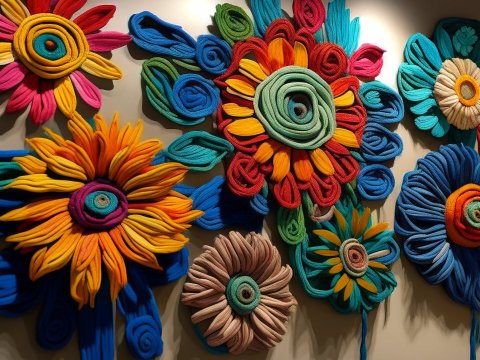 Colorful Yarn Flowers Wall Art Installation