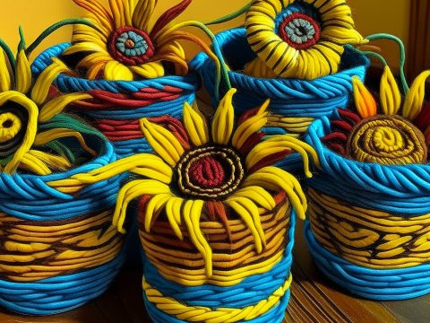 Colorful Yarn Sunflowers in Decorative Pots