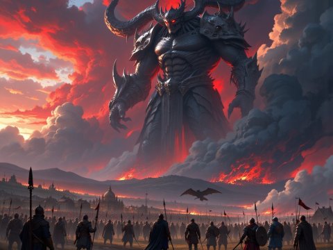Colossal Demon Overlooking an Army Under a Blood Red Sky
