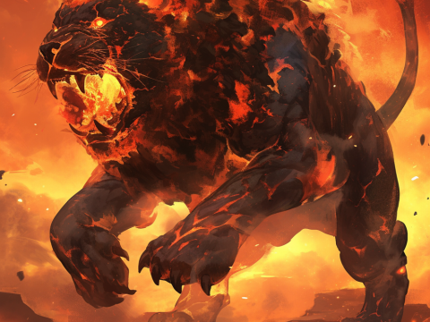 Colossal Fiery Lion Roaring Amidst Flames