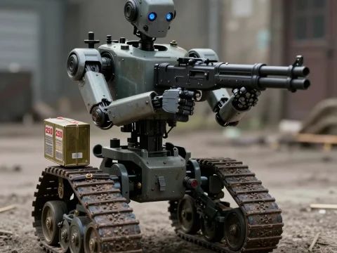 Combat Robot with Tank Treads and Rifle in Urban Setting