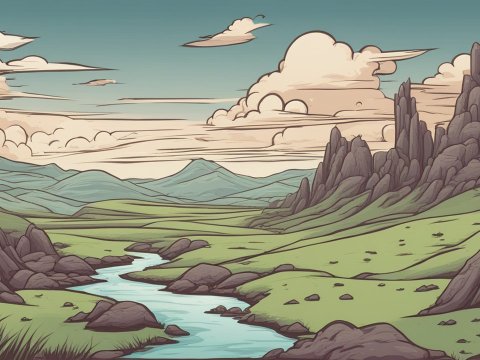 Comic Book Style Fantasy Landscape with River and Rocky Hills