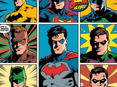 Comic Character Collage Featuring Batman and Allies