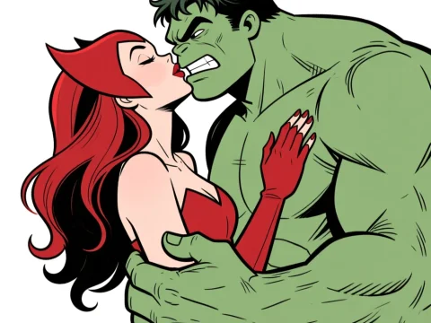 Comic Style Hulk and Scarlet Witch Kiss