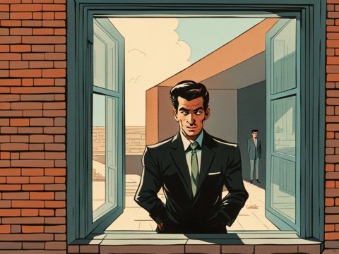 Comic Style Man in Suit Looking Through Open Window