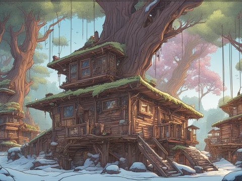 Comic Style Wooden Houses in a Snowy Forest