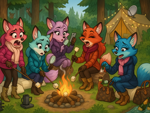 Comical Woodland Foxes Roasting Marshmallows at Campfire