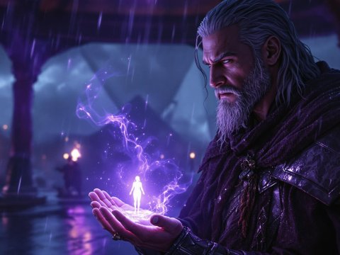 Commanding Man Summoning a Glowing Figure in Rainy Night