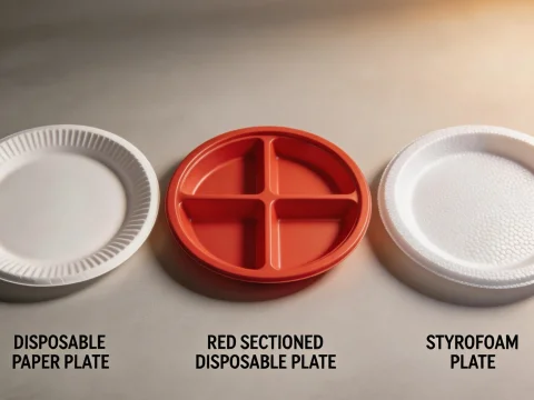 Comparison of Disposable Plates: Paper, Red Sectioned, and Styrofoam