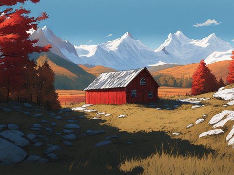 Concept Art of a Red Barn in Autumn Mountain Landscape