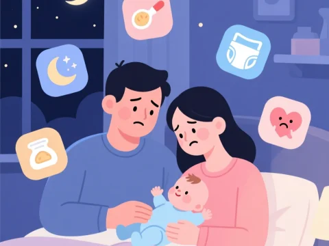 Concerned Parents Caring for Baby at Night