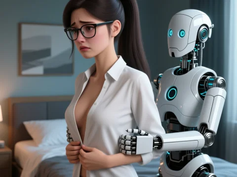 Concerned Woman Assisted by Futuristic Robot in Bedroom