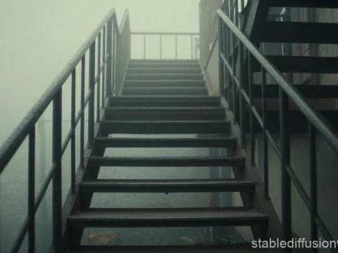 Concrete Staircase Emerging Through Dense Fog
