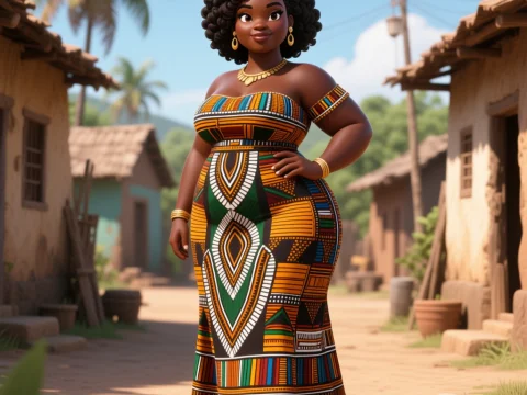 Confident African Woman in Traditional Dress in Village