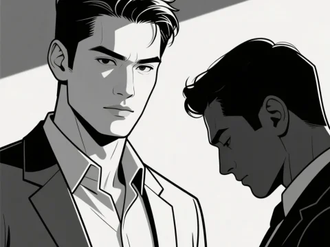 Confident and Submissive Men in Black and White Illustration