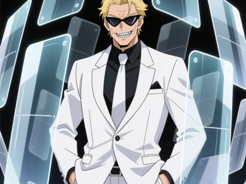 Confident Anime Agent in White Suit with Floating Transparent Screens