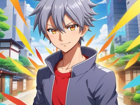 Confident Anime Boy with Silver Hair in Urban Setting