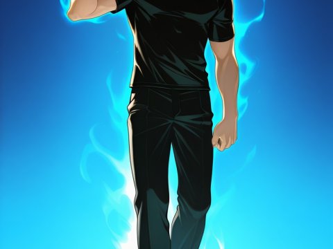 Confident Anime Character with Baseball Bat and Blue Aura