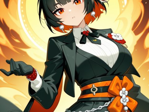 Confident Anime Character with Fox Ears and Fiery Halo