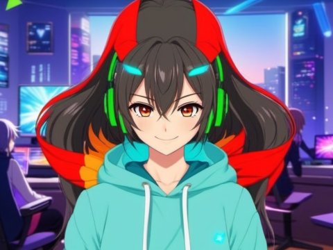 Confident Anime Gamer with Red Headphones in Cyber Gaming Room