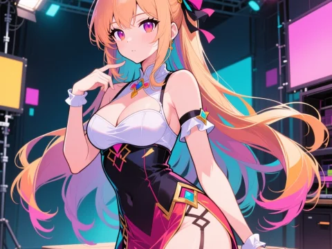 Confident Anime Girl in Colorful Studio Setting