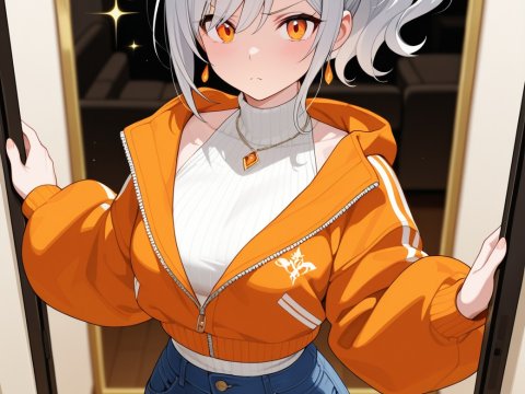 Confident Anime Girl in Orange Jacket