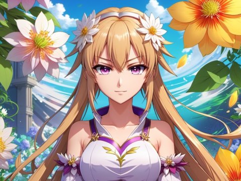 Confident Anime Girl Surrounded by Vibrant Flowers