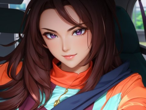 Confident Anime Girl with Purple Eyes in Colorful Outfit