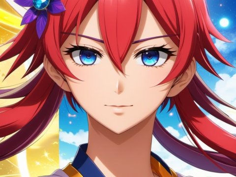 Confident Anime Girl with Red Hair and Blue Eyes