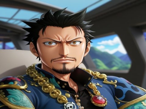 Confident Anime Man in Ornate Jacket with Scenic View