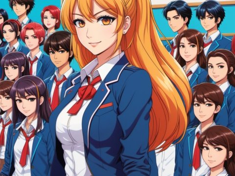 Confident Anime School Leader with Diverse Classmates