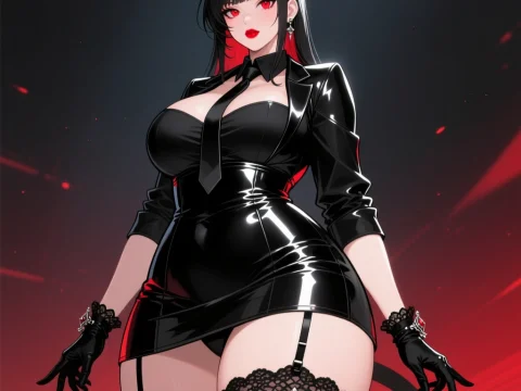 Confident Anime Woman in Black Cat Outfit