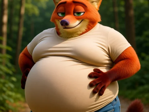 Confident Anthropomorphic Fox with a Big Belly in Forest