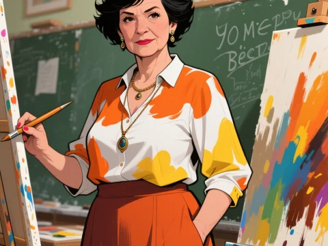 Confident Art School Instructor in Vibrant Classroom