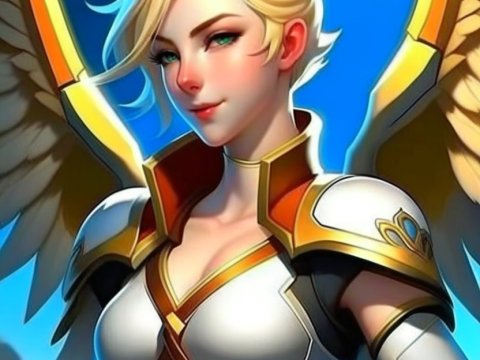 Confident Blonde Angel Warrior with Golden Wings