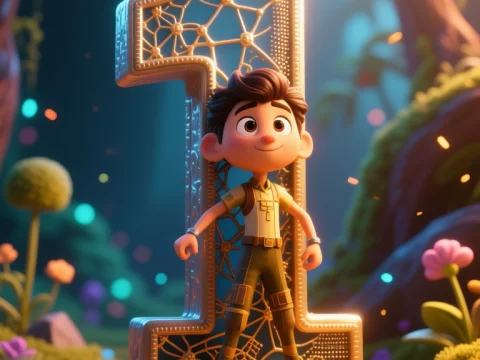 Confident Boy Standing by Ornate Number One in Enchanted Forest