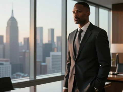 Confident Businessman in Modern Office with City View