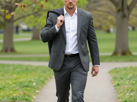 Confident Businessman Walking Outdoors in Gray Suit