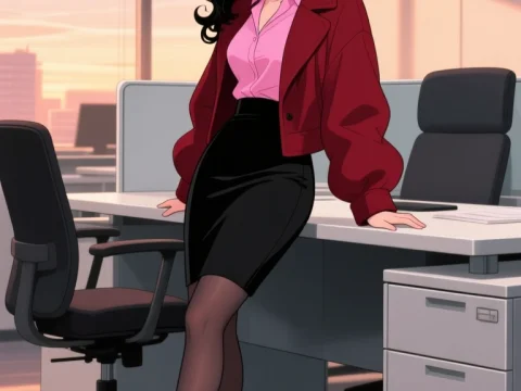 Confident Businesswoman in Modern Office Anime Style
