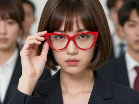 Confident Businesswoman with Red Glasses in Office Setting