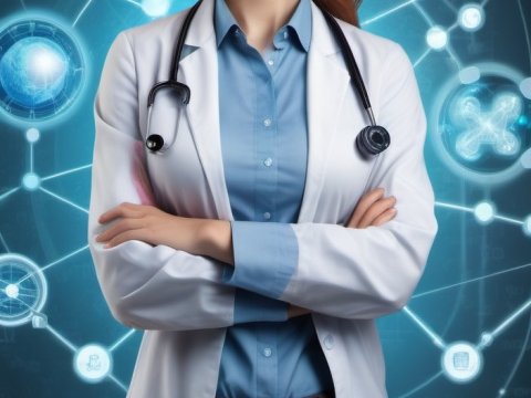Confident Female Doctor with Futuristic Medical Interface