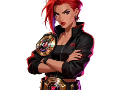 Confident Female Gamer Champion with Red Hair and Championship Belts