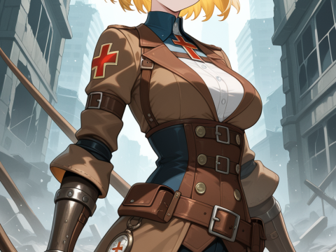 Confident Female Medic in Post-Apocalyptic City