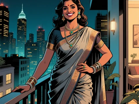 Confident Indian Woman in Traditional Saree on City Balcony