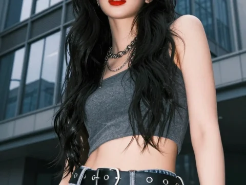 Confident Korean Street Fashion with Bold Red Lips