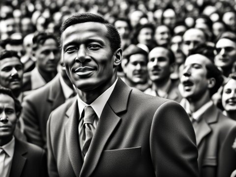 Confident Leader Among a Diverse Crowd in Black and White
