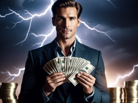 Confident Man Holding Cash with Lightning Background