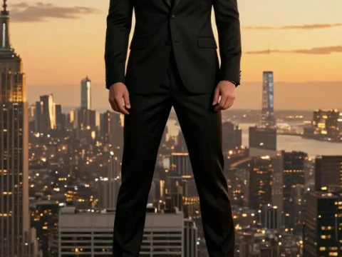 Confident Man in Black Suit on Skyscraper at Sunset